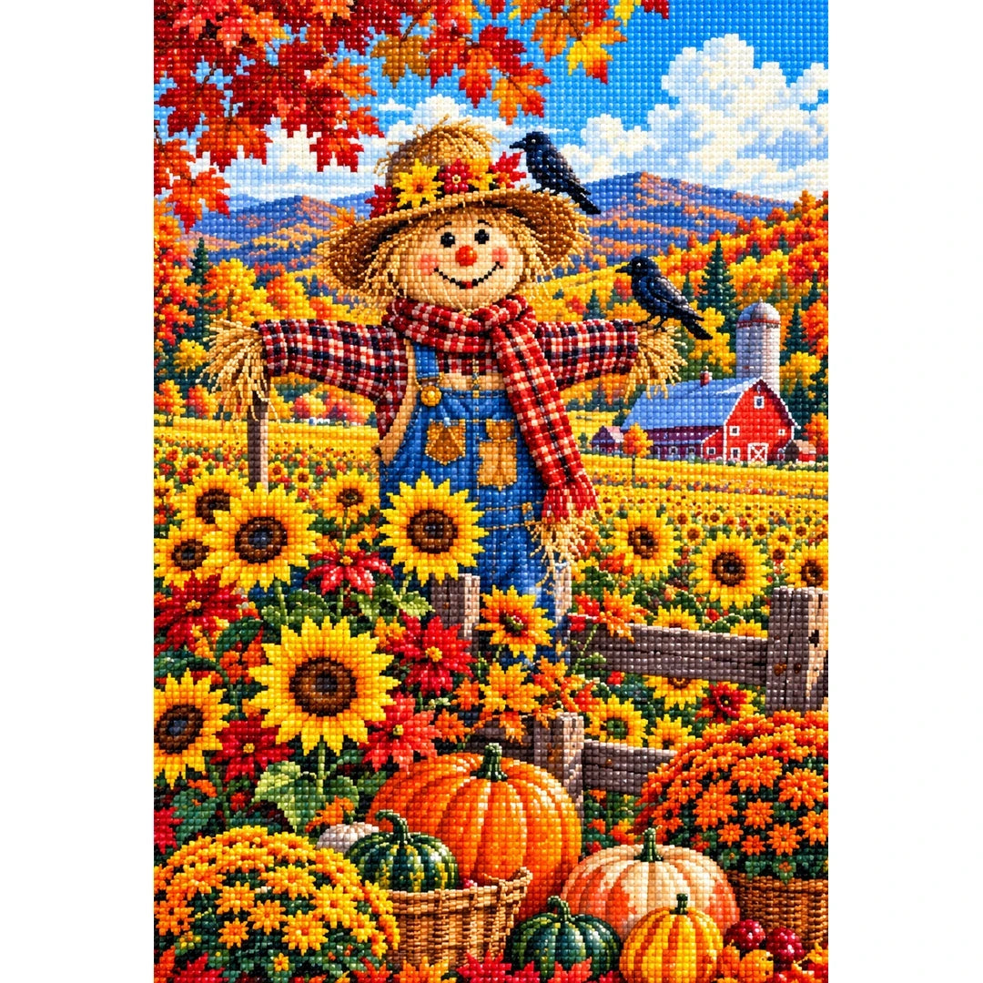 Autumn Scarecrow Sunflower Field — finished diamond painting on a white background