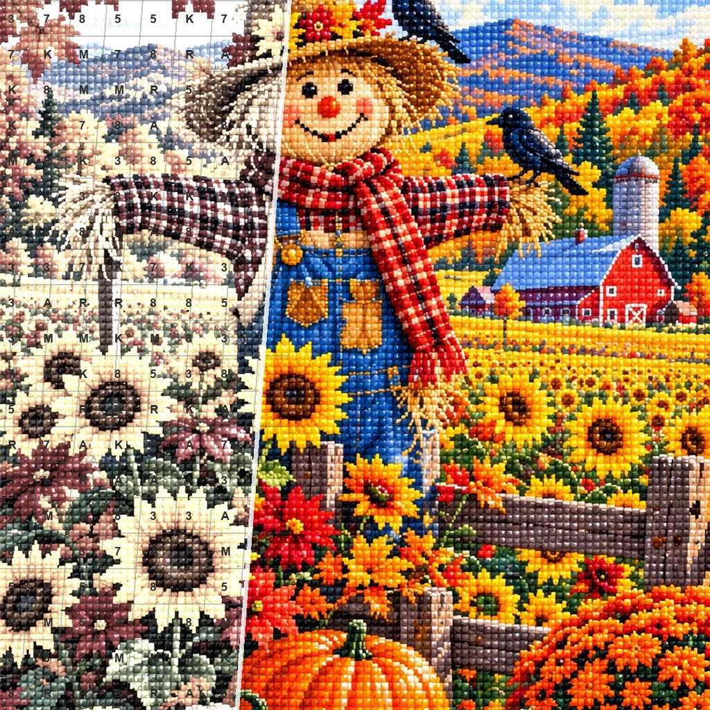 Autumn Scarecrow Sunflower Field — close-up canvas and resin drill detail