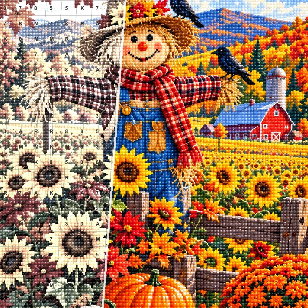 Autumn Scarecrow Sunflower Field — close-up canvas and resin drill detail