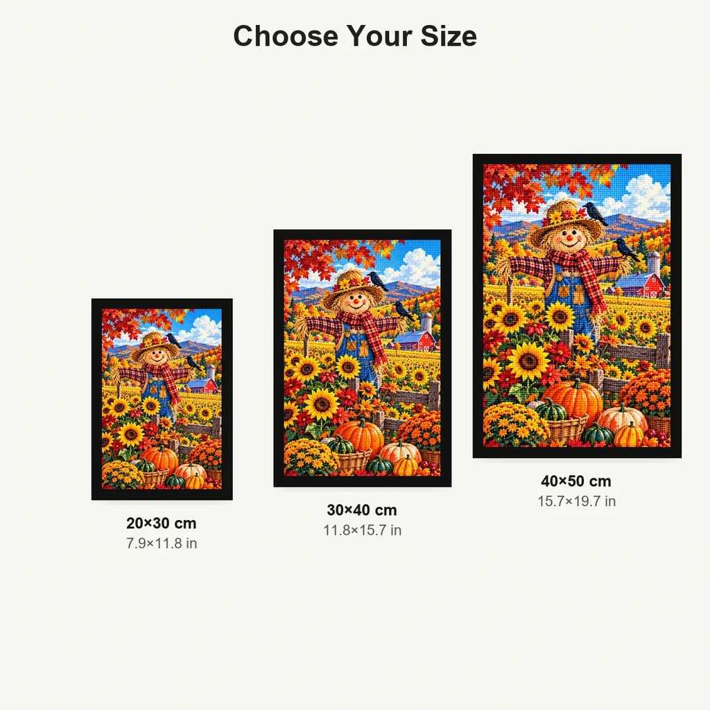 Autumn Scarecrow Sunflower Field — size comparison for 20 × 30, 30 × 40 and 40 × 50 cm