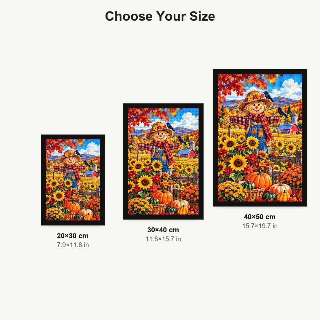 Autumn Scarecrow Sunflower Field — size comparison for 20 × 30, 30 × 40 and 40 × 50 cm