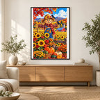 Autumn Scarecrow Sunflower Field — finished diamond painting displayed in a home interior