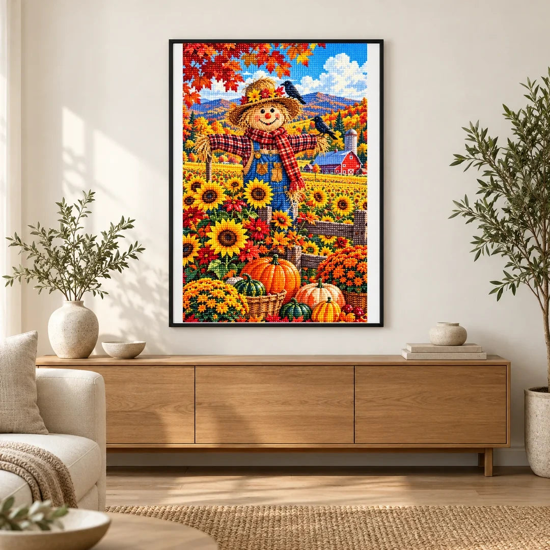 Autumn Scarecrow Sunflower Field — finished diamond painting displayed in a home interior