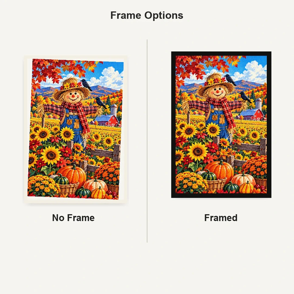 Autumn Scarecrow Sunflower Field — No Frame and Framed style comparison