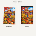 Autumn Scarecrow Sunflower Field — No Frame and Framed style comparison