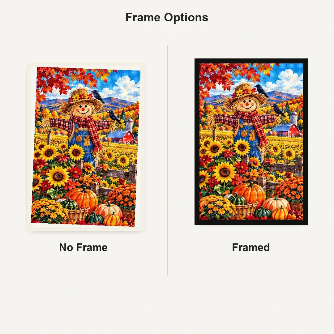 Autumn Scarecrow Sunflower Field — No Frame and Framed style comparison