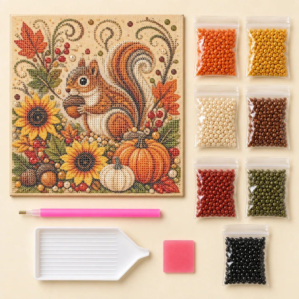 Autumn Squirrel and Pumpkins Pearl Diamond Painting Kit kit image