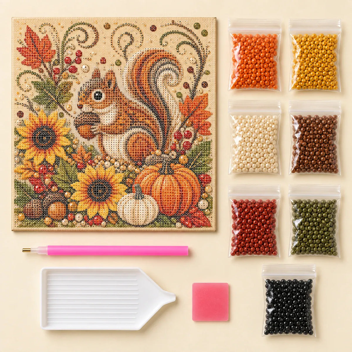 Autumn Squirrel and Pumpkins Pearl Diamond Painting Kit kit image