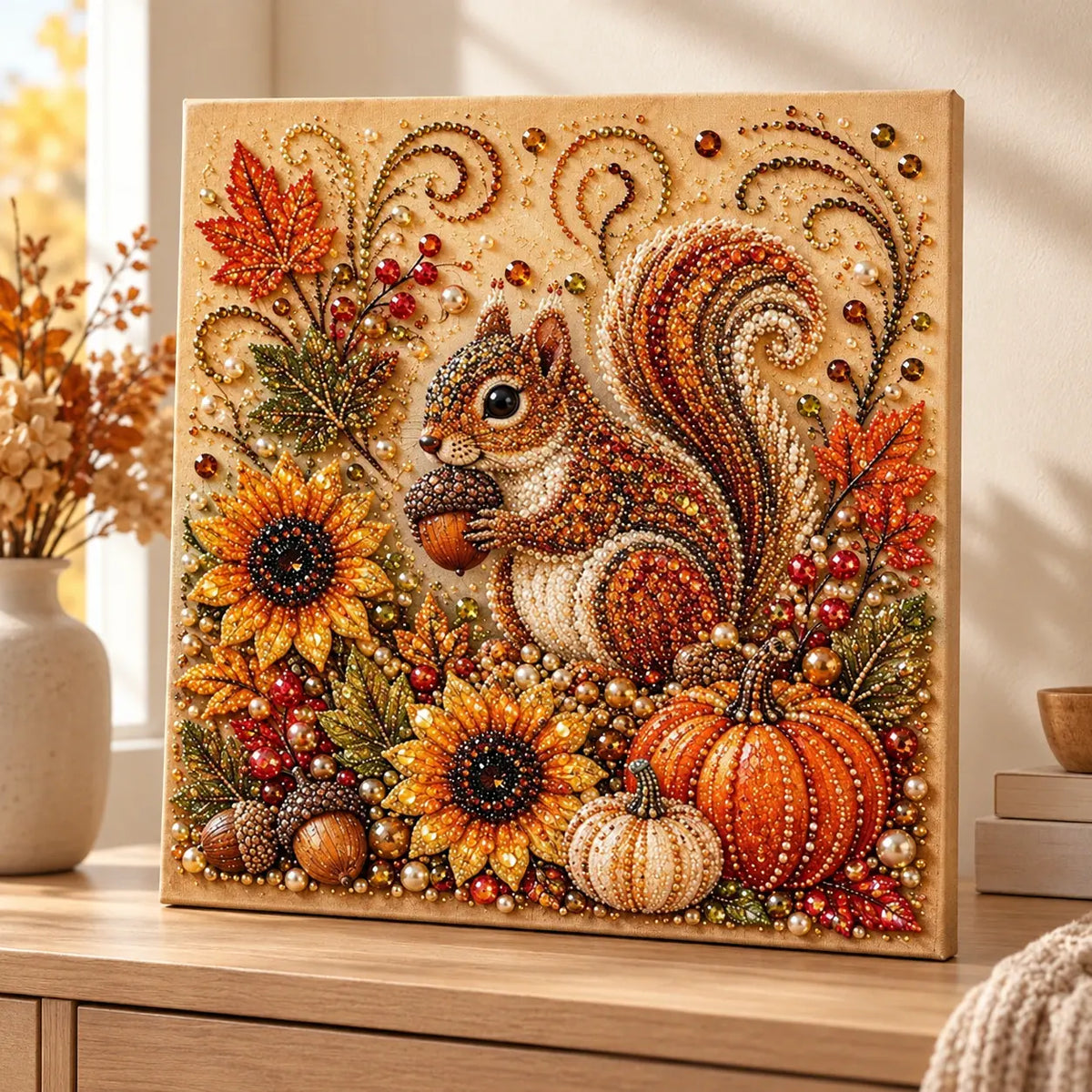 Autumn Squirrel and Pumpkins Pearl Diamond Painting Kit room image