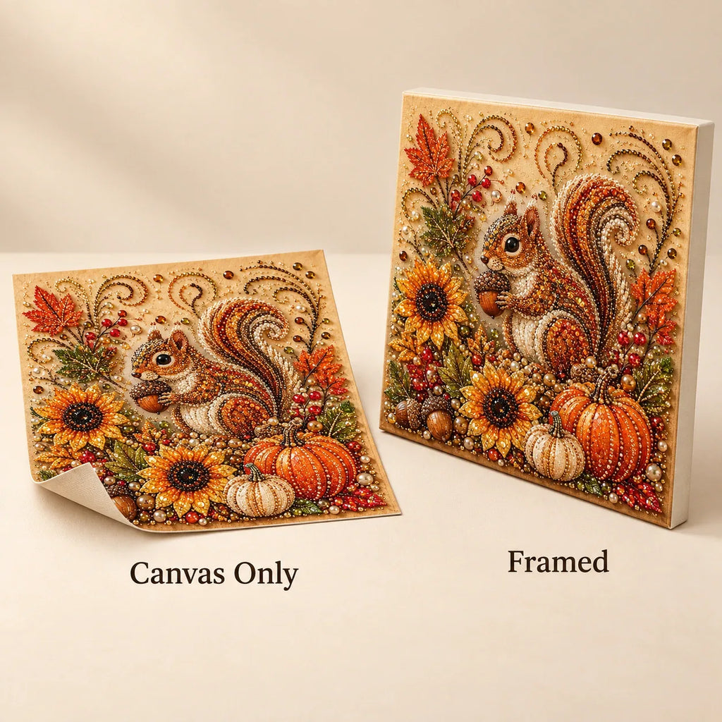 Autumn Squirrel and Pumpkins Pearl Diamond Painting Kit style image