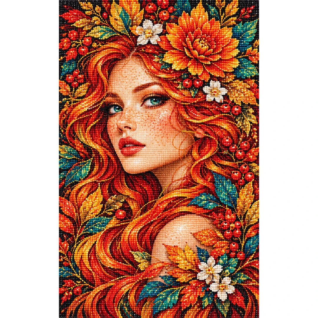 Autumn Sunflower Muse Diamond Painting Kit — Finished white-background diamond painting