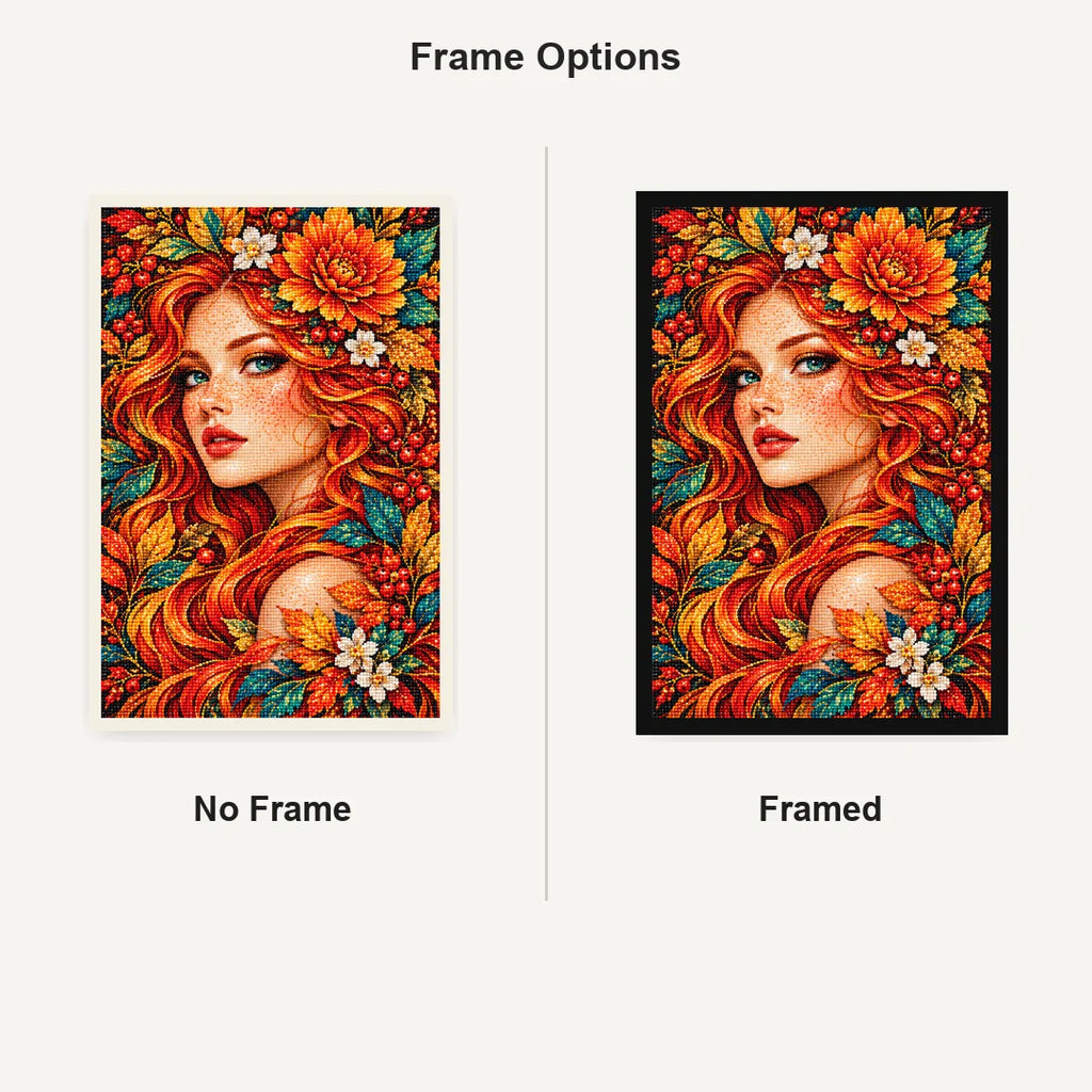 Autumn Sunflower Muse Diamond Painting Kit — No Frame and Framed comparison