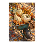 White-background original artwork of autumn teal wheelbarrow with pumpkins