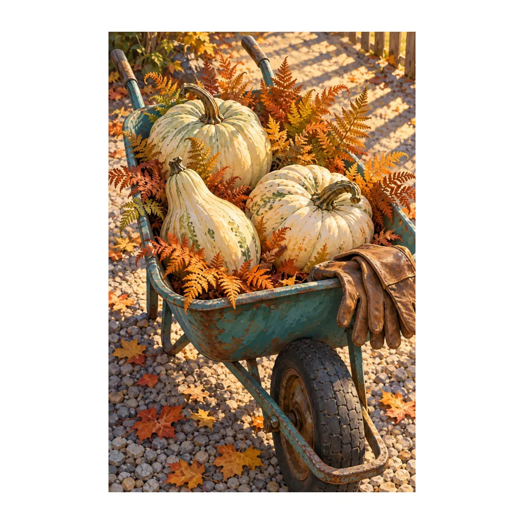 White-background original artwork of autumn teal wheelbarrow with pumpkins