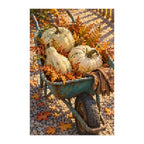 White-background finished diamond painting of autumn teal wheelbarrow with pumpkins