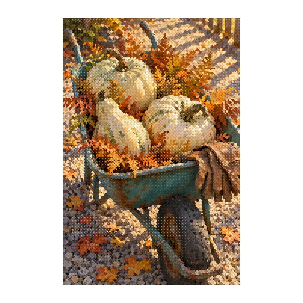 White-background finished diamond painting of autumn teal wheelbarrow with pumpkins