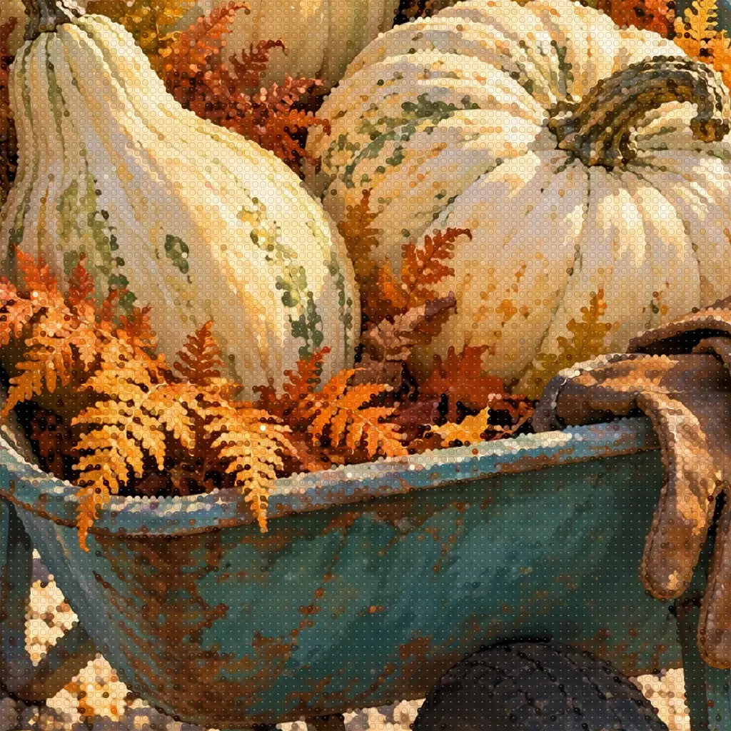 Close-up diamond detail of the autumn teal wheelbarrow with pumpkins diamond painting