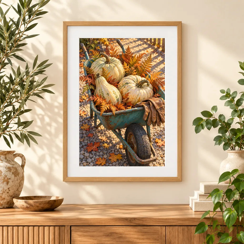 Framed home display of the autumn teal wheelbarrow with pumpkins diamond painting