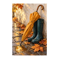 White-background original artwork of autumn umbrella and rain boots