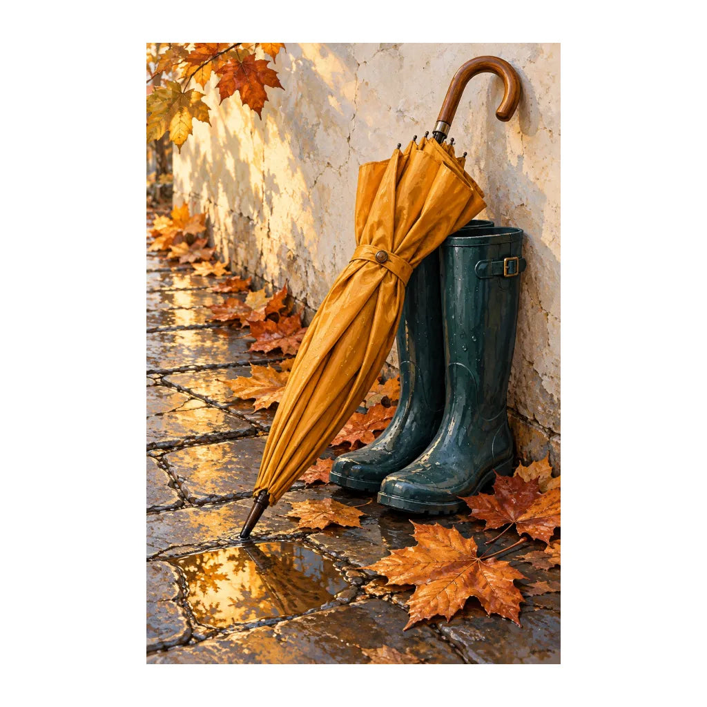 White-background original artwork of autumn umbrella and rain boots