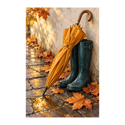 White-background original artwork of autumn umbrella and rain boots