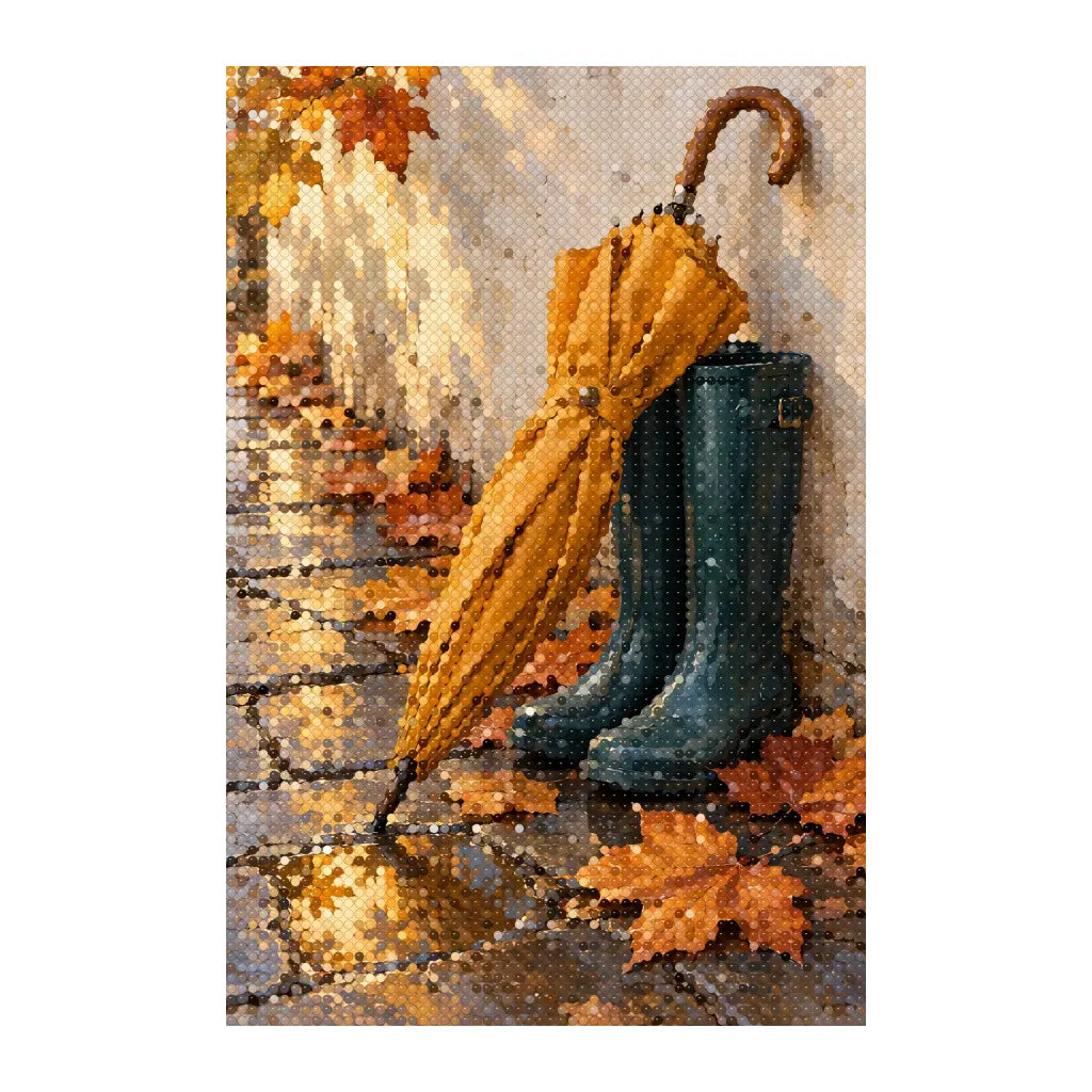 White-background finished diamond painting of autumn umbrella and rain boots