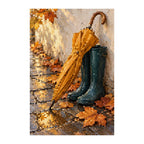 White-background finished diamond painting of autumn umbrella and rain boots