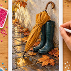 Hands placing drills on the autumn umbrella and rain boots diamond painting canvas
