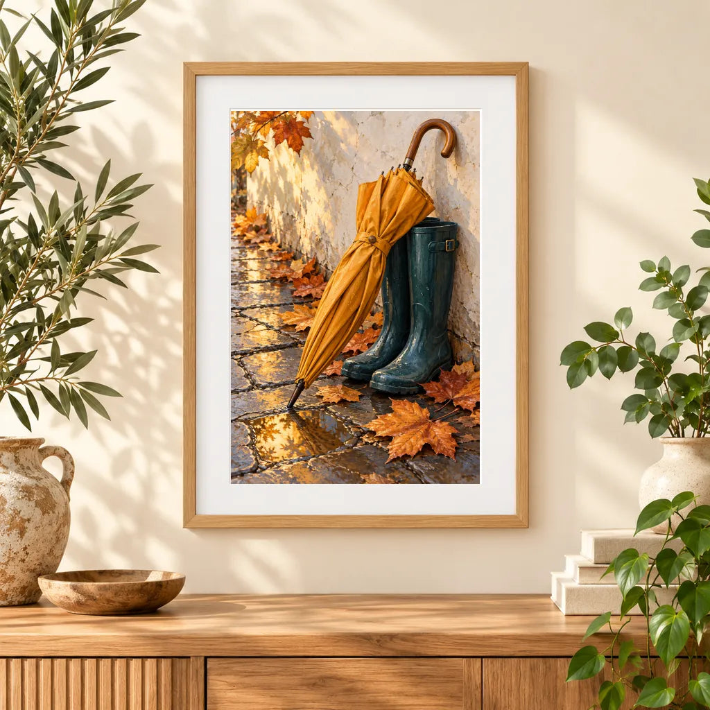 Framed home display of the autumn umbrella and rain boots diamond painting