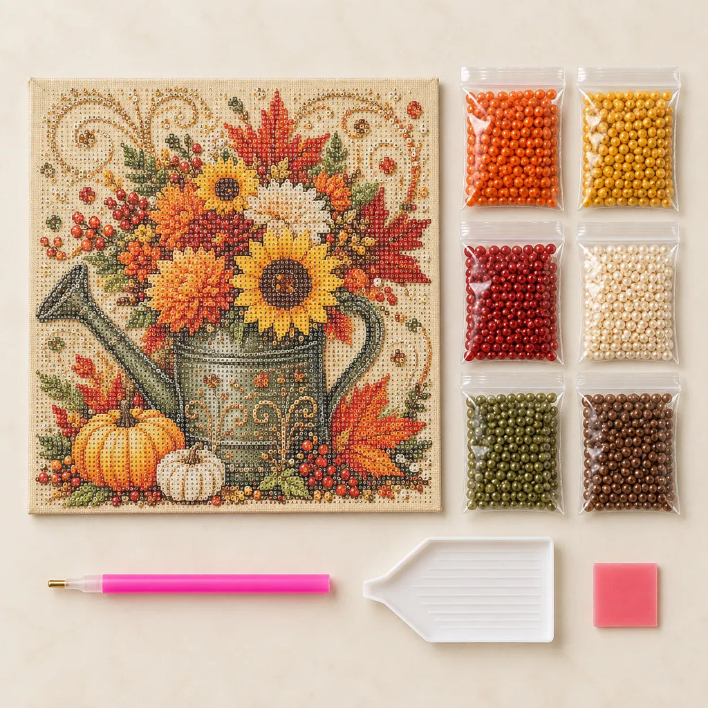 Autumn Watering Can Flowers Pearl Diamond Painting Kit kit image