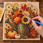 Autumn Watering Can Flowers Pearl Diamond Painting Kit process image
