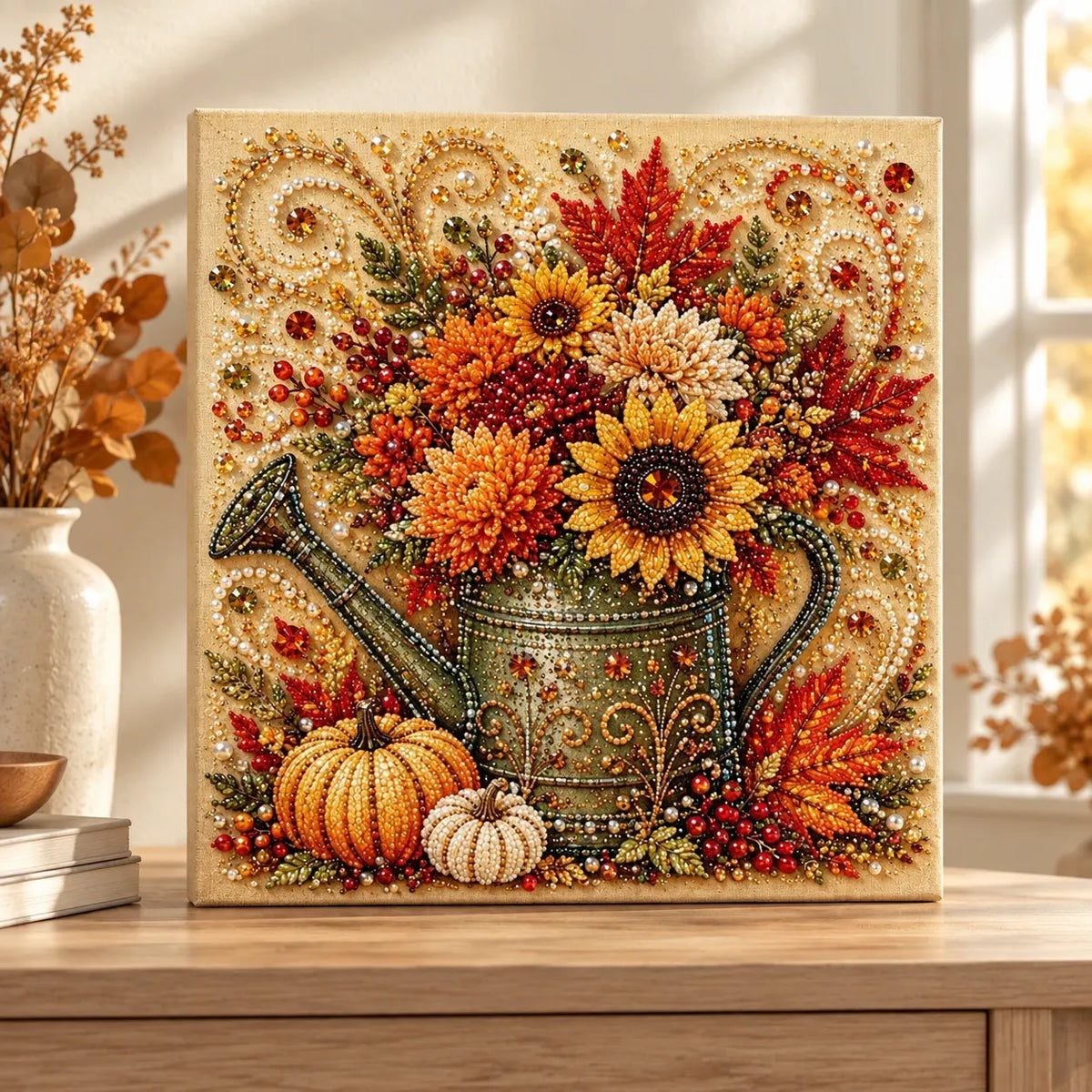 Autumn Watering Can Flowers Pearl Diamond Painting Kit room image