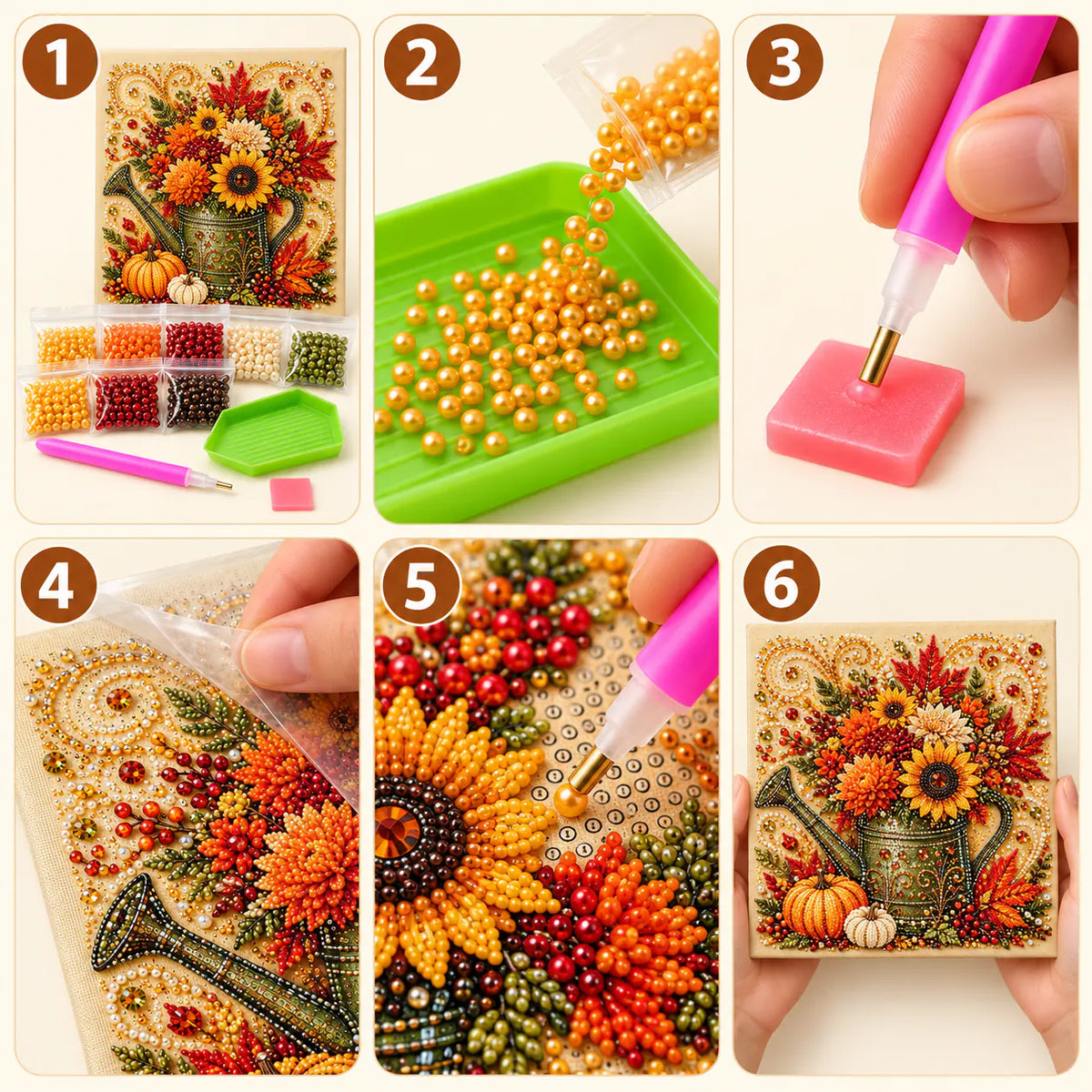 Autumn Watering Can Flowers Pearl Diamond Painting Kit tutorial image