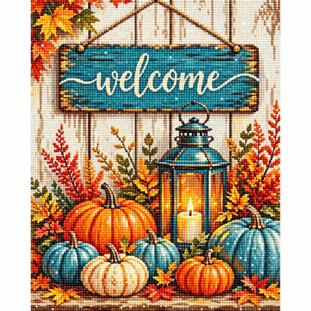 Autumn Welcome Pumpkins Diamond Painting Kit finished diamond artwork on white background