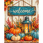 Autumn Welcome Pumpkins Diamond Painting Kit finished diamond artwork on white background
