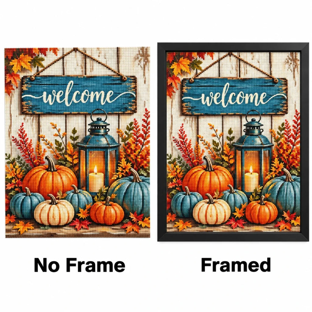 Autumn Welcome Pumpkins Diamond Painting Kit No Frame and Framed comparison