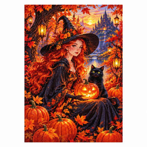 Autumn Witch Pumpkin Cat Diamond Painting Kit finished diamond artwork on white background