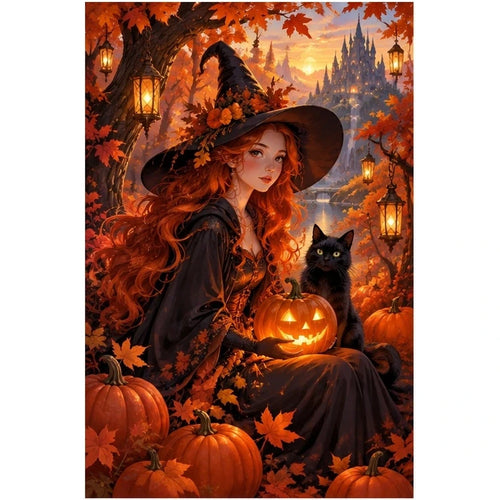 Autumn Witch Pumpkin Cat Diamond Painting Kit original artwork on white background