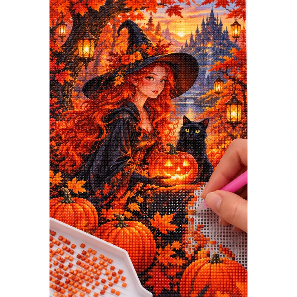 Autumn Witch Pumpkin Cat Diamond Painting Kit diamond placement process