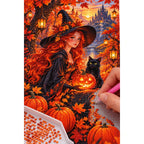 Autumn Witch Pumpkin Cat Diamond Painting Kit diamond placement process