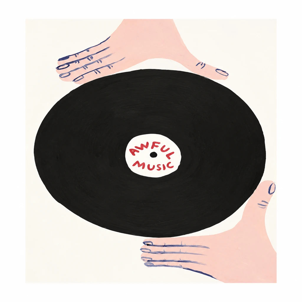 Original artwork for Awful Music Vinyl Record Diamond Painting Kit, showing a black vinyl record held in two hands, with “Awful Music” at its center.