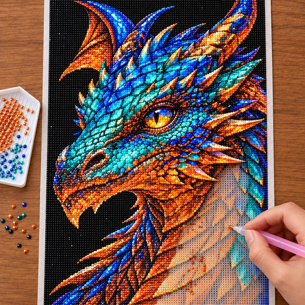 Azure Copper Mosaic Dragon diamond painting process with pen and tray