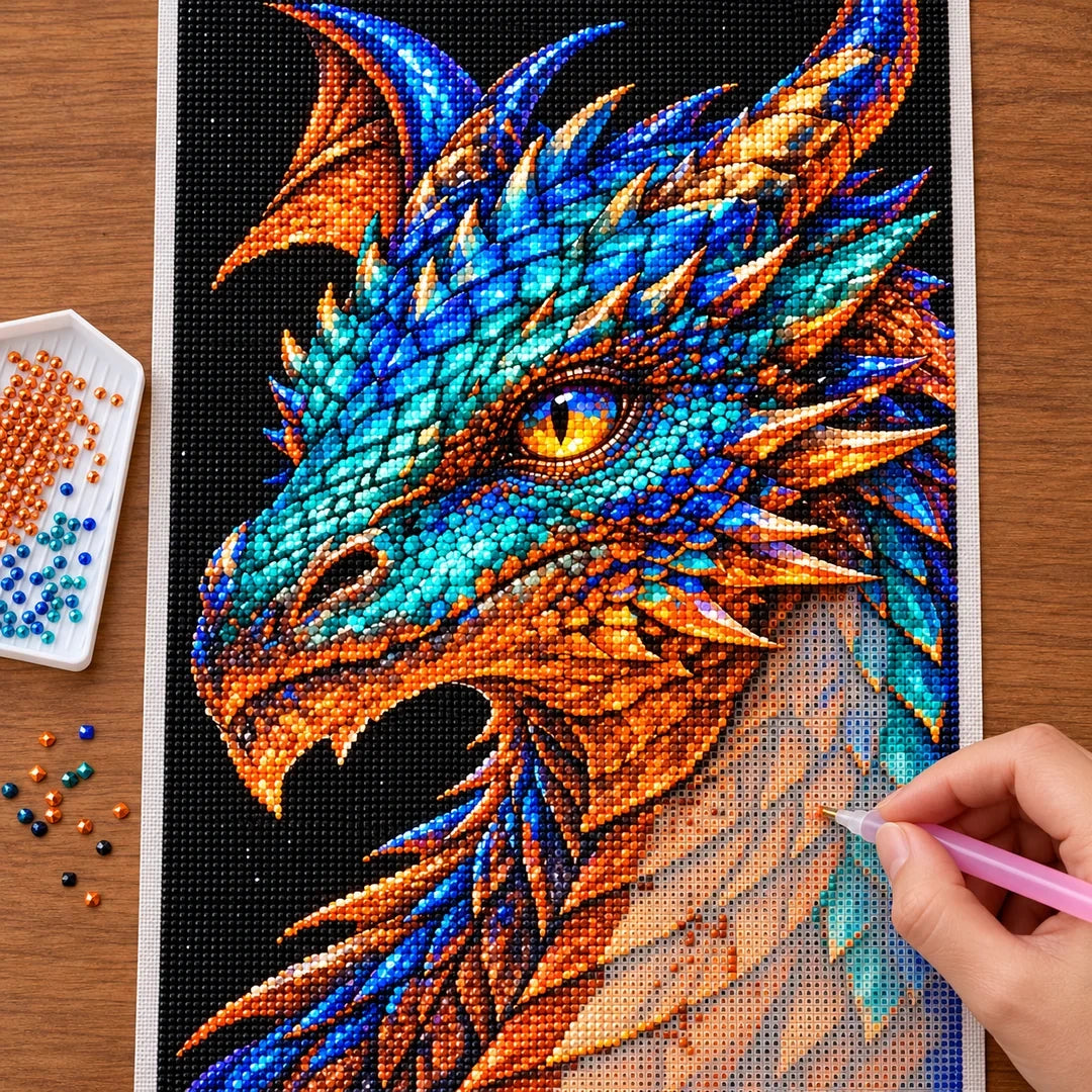 Azure Copper Mosaic Dragon diamond painting process with pen and tray