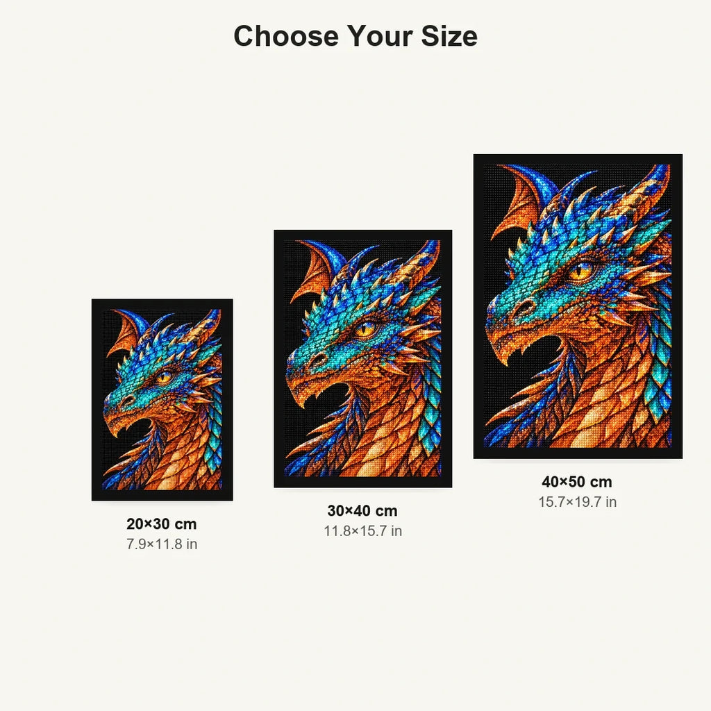 Azure Copper Mosaic Dragon 20 by 30, 30 by 40, and 40 by 50 centimeter size guide