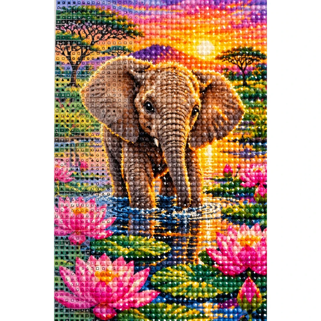 Baby Elephant Lotus Pond Diamond Painting Kit — canvas and drill material detail