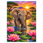 Baby Elephant Lotus Pond Diamond Painting Kit — finished diamond painting on white background