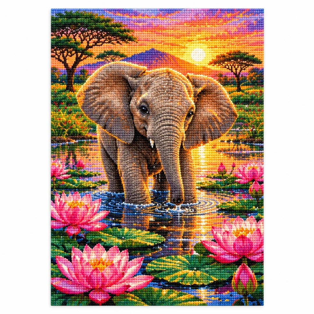 Baby Elephant Lotus Pond Diamond Painting Kit — finished diamond painting on white background