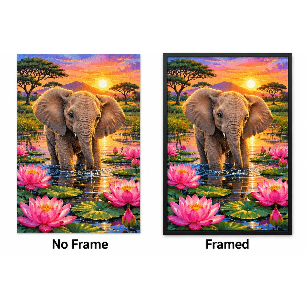 Baby Elephant Lotus Pond Diamond Painting Kit — No Frame and Framed style comparison