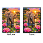 Baby Elephant Lotus Pond Diamond Painting Kit — No Frame and Framed style comparison