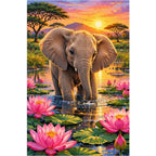 Baby Elephant Lotus Pond Diamond Painting Kit — original white-background artwork